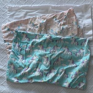 3 toddler pillowcases - unicorn pink, blue and plain white - cotton